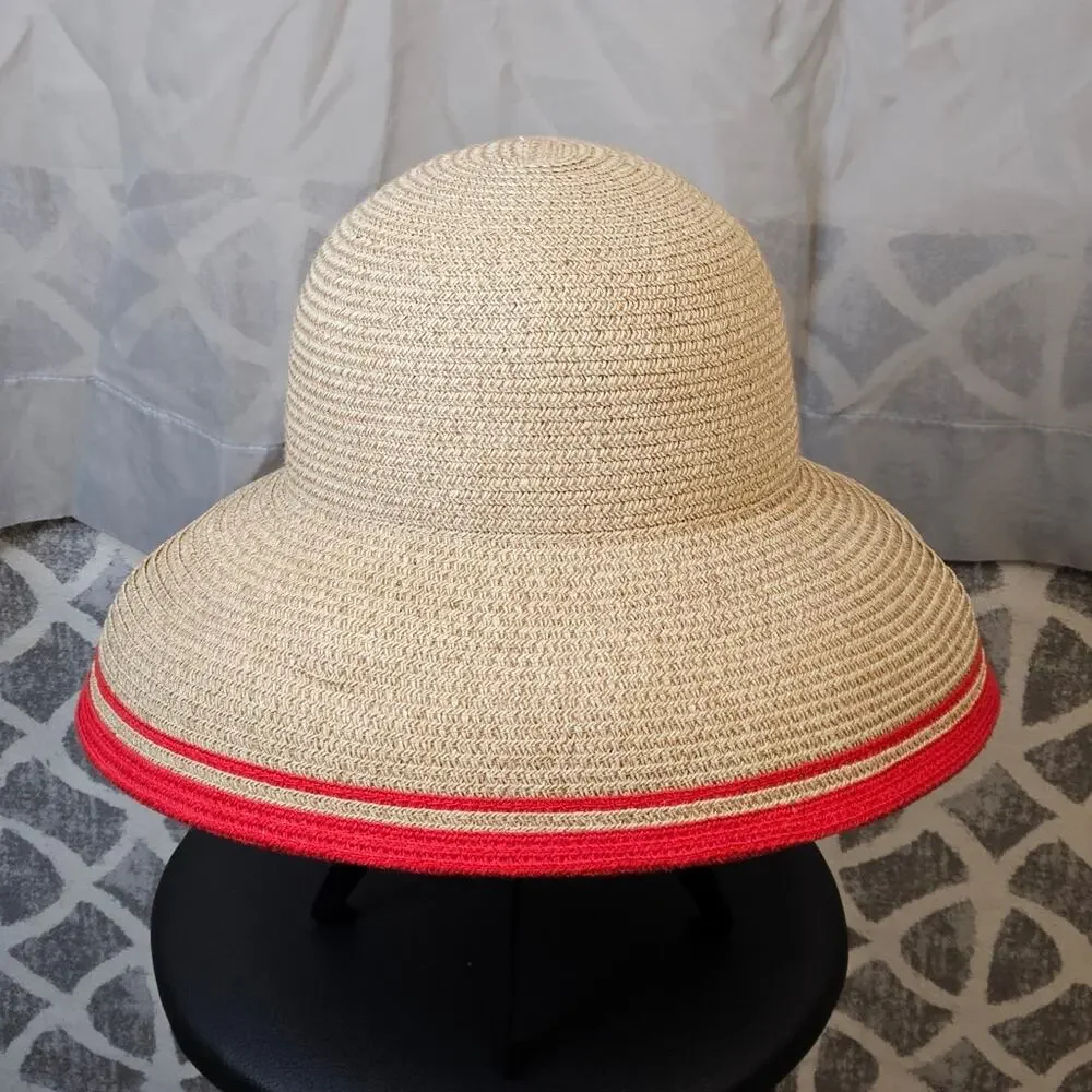 Betmar New York Paper Poly Blend Red Stripe Trim Wide Brim Bell Shape Sun Hat